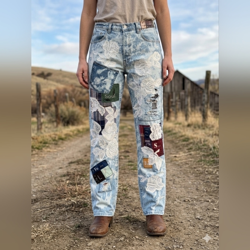 Levi 501 Button Fly Upcycled Patchwork Denim Jean… - image 1